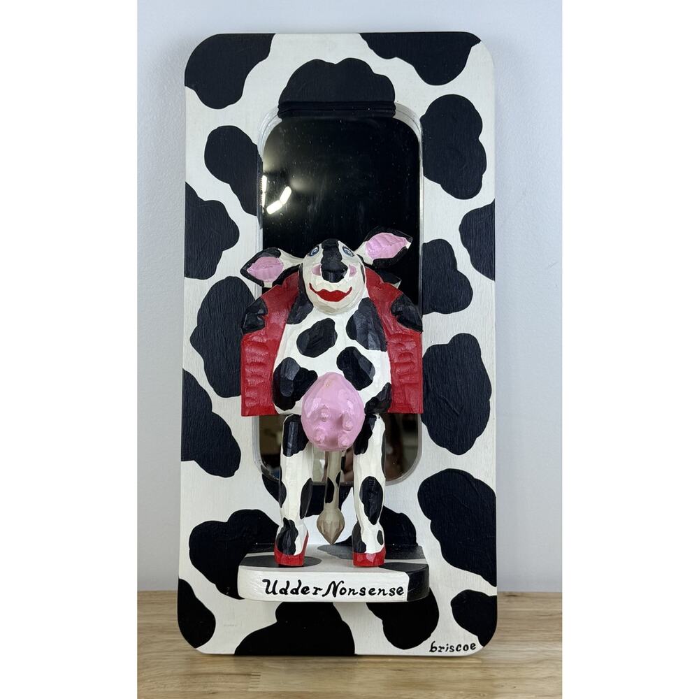 Vintage Ken Briscoe Folk Art Wood Hand Carved Mirror Cow Udder Nonsense RARE 18”